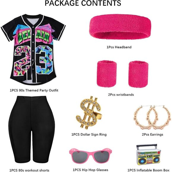 80s 90s Hip Hop Costume Set Women Baseball Jersey T Shirt Yoga Pants Accessories main image 4